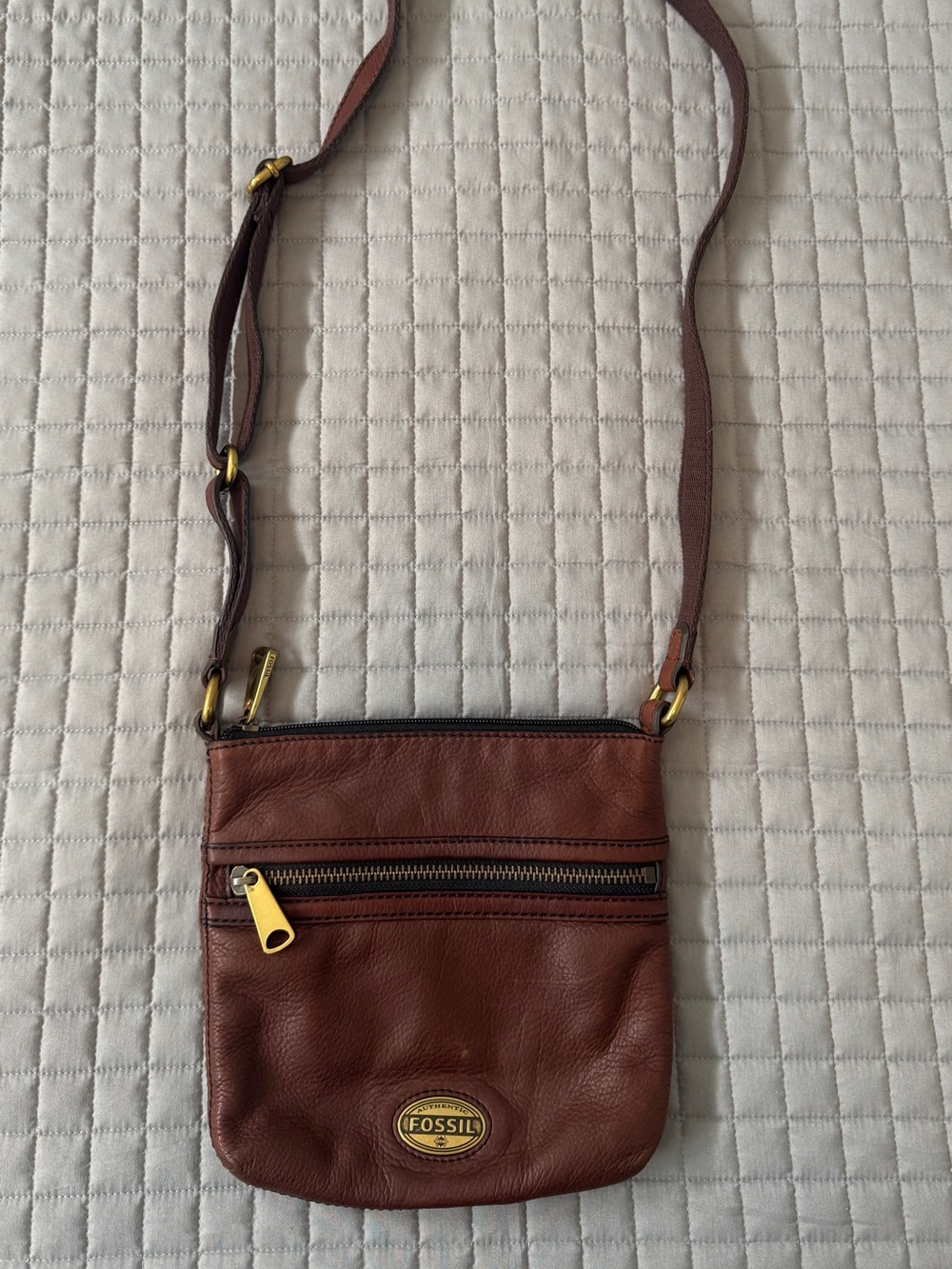 Fossil Brown Leather Crossbody with Gold Hardware